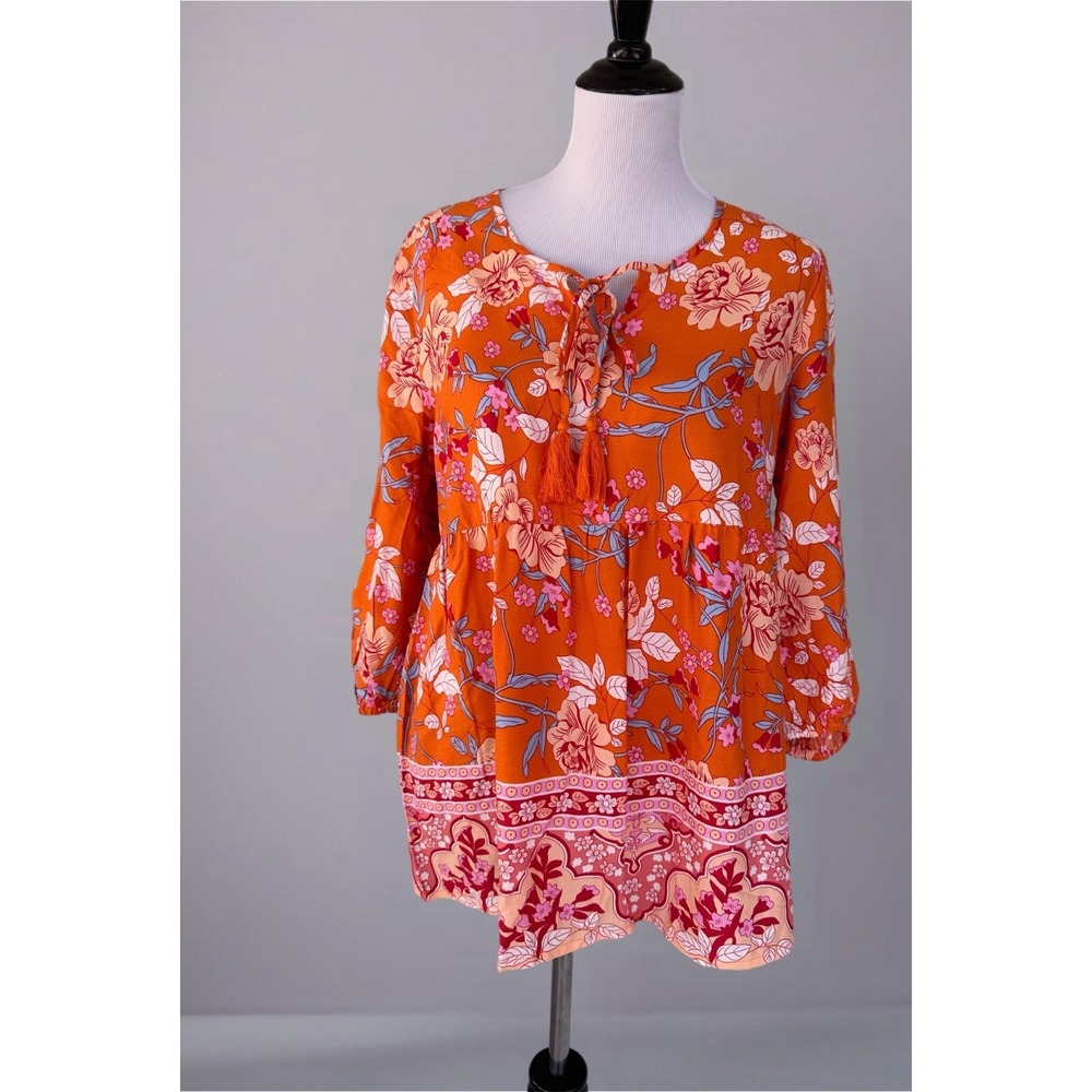 Lascana Size-10 Women Floral Tie Neck‎ Blouse 3/4 Sleeve Orange